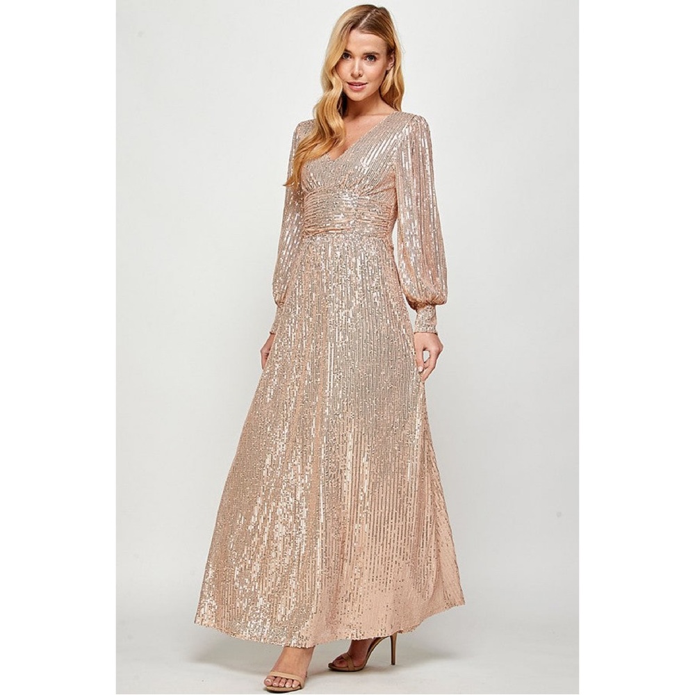 Bohme Shimmering Rose Gold Sequin Long Sleeve Maxi Evening Gown Dress